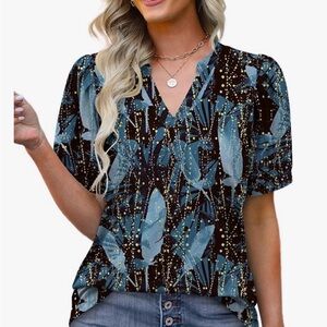 Aokosor Women's short sleeve Blue Black Leaf Print Top Blouse Size XL NWT